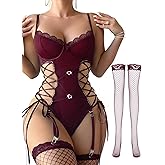 Lilosy Sexy Floral Lace Up Belt Garter Underwire Teddy Bodysuit Lingerie Set