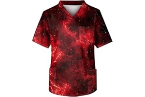 OAZKXCN Men's Scrubs Tops Graphic Plus Size V-Ncek Short Sleeve Sky Galaxy Printed Professionals Nurse Pocket Work Uniform