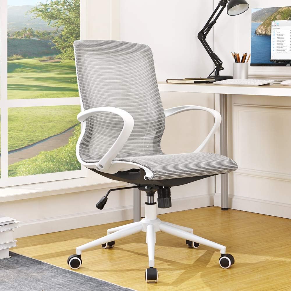 BERLMAN Ergonomic Hollow Out Design Mid Back Mesh Office Chair Desk Chair Computer Chair (White-Grey)