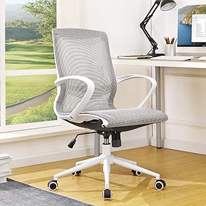 BERLMAN Ergonomic Hollow Out Design Mid Back Mesh Office Chair Desk Chair Computer Chair (White-Grey)