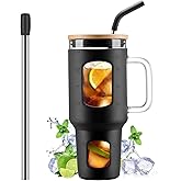 WINSA Glass Tumbler with Straw and Lid, 40 oz glass cup with handle, Glass Water Bottles with Time Marker, Silicone Protective Sleeve-Black