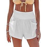 CUPSHE Women Coverup Shorts Smocked Waist High Rise Swimsuit Coverup Shorts with Side Pockets