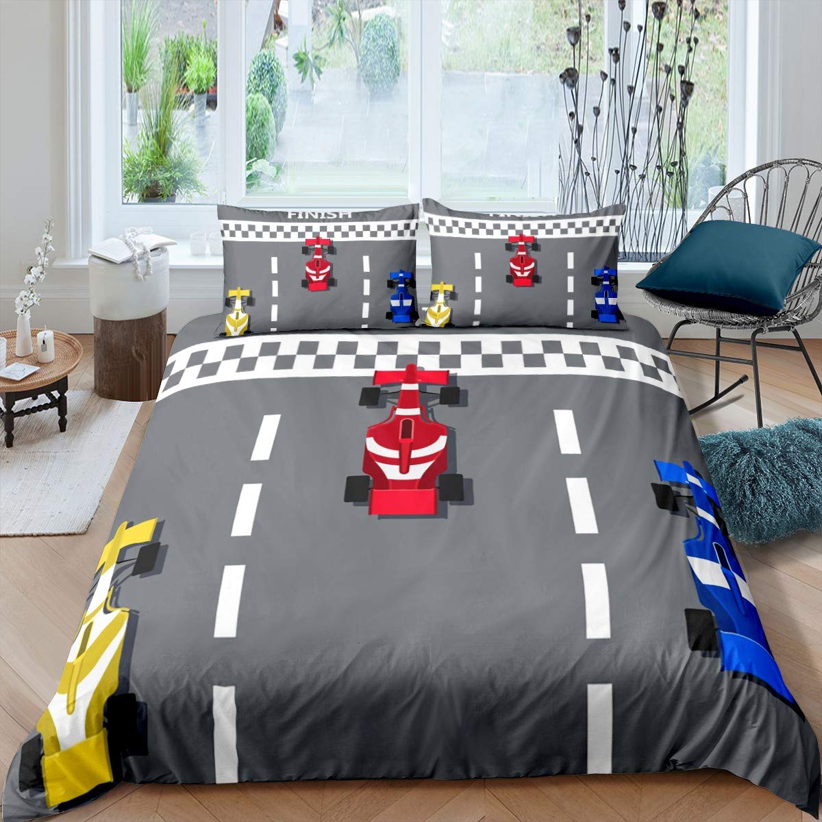 Youth Race Car Bedding Set Formula Racer Comforter Cover Extreme Speed Sports Duvet Cover For Kids Boys Juvenile Cartoon Formula 1 Race Track Bedclothes Bedclothes With 1 Pillow Case Single Size