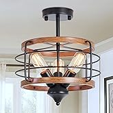 Ejerlya Semi Flush Mount Ceiling Light Fixture, 3-Lights Retro Farmhouse Ceiling Lamp, Rustic Industrial Lights, Brown Metal 