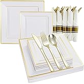 IPSW Square Plastic Plates&Silverware w/Per-Rolled Napkin Set,Parties Plastic Dinnerware incl Dinner Plates,Salad Plate,Napkins,Disposable Cutlery, 20Guests