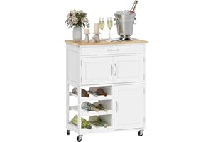 HOMCOM Kitchen Island on Wheels, Rolling Kitchen Cart with Drawer, 9-Bottle Wine Rack, Storage Cabinets, Wooden Countertop (W