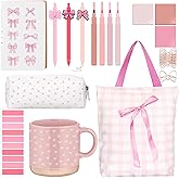 Reallnaive 25 Pcs Valentine Day Pink Bow Gift for Women Stationery Set Coquette Aesthetic Cute School Supplies Gift Box with Notebook, Pen, Mug, Highlighter, Tote Bag for Birthday, Galentine, Easter