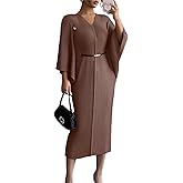 ASANDY Womens Pleated Midi Dress Casual Loose 3/4 Sleeve High Stretch V Neck Pleat Dress