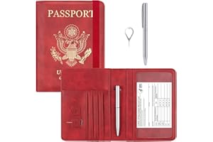 HOTCOOL Passport Holder UPGRADED VERSION Leather Passport Accessories for Women Men Wallet Travel Cover Case, with 11 Pockets, Pen and Pin, RFID Blocking and Elastic Strap, Gold Wine Red