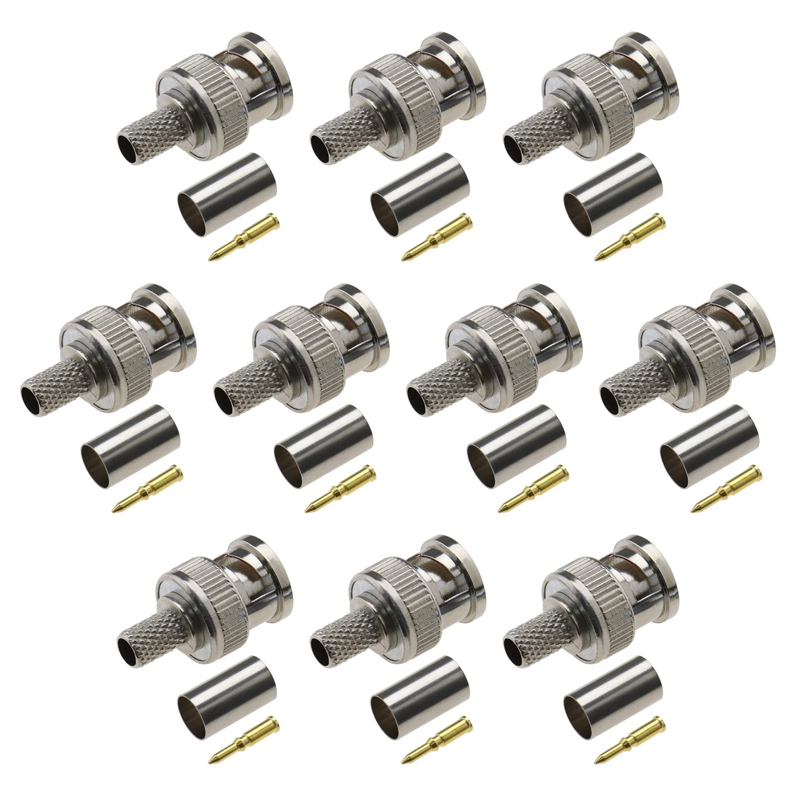 YINETTECH 10 Sets BNC Crimp Connectors with Brass Center Pin for RG59 RG62 Coaxial Cable Adapter Coaxial Coax Cable Plug Camera Coax Male Jack 50 Ohm