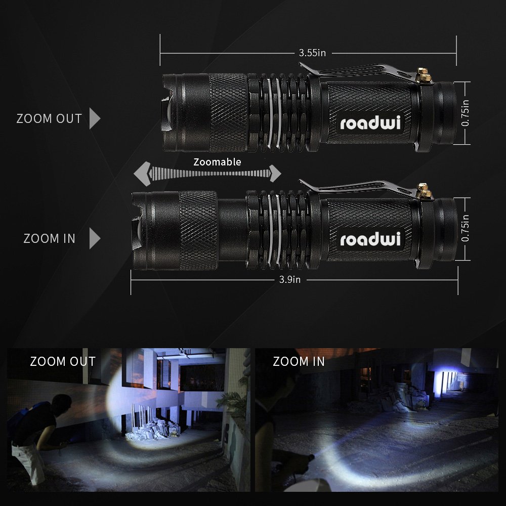 [2 PACK] Roadwi Mini Taschenlampe, Zoomable LED Taschenlampe, 3 Leuchtmodi, IP44 wasserdicht, LED Camping Lampe, Outdoor Lampe für Camping, Outdoor, Wandern, Laufen, Radfahren, Angeln, Abenteuer