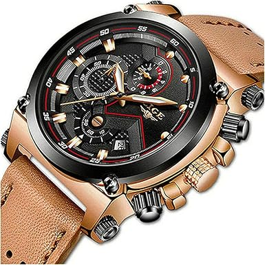 Lige Mens Fashion Sport Quartz Watch With Brown Leather Strap Chronograph Waterproof Auto Date Analog Black Men Wrist Watches