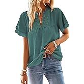Falechay Womens Tops Butterfly Sleeve V Neck Blouses for Women Dressy Casual Flowy Swiss Dot Ruffle Short Sleeve Shirts