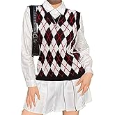 Hyipels Sweater Vest Women,Sleeveless V Neck Argyle Plaid Long Preppy Loose Knitted Casual School Sweaters Tank Top