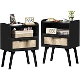 Lerliuo Rattan Nightstands Set of 2, Bedside Table with Drawer Open Shelf | Cane Accent Side End Table with Solid Wood Legs, Black Mid Century Night Stand for Bedroom, Dorm and Small Spaces
