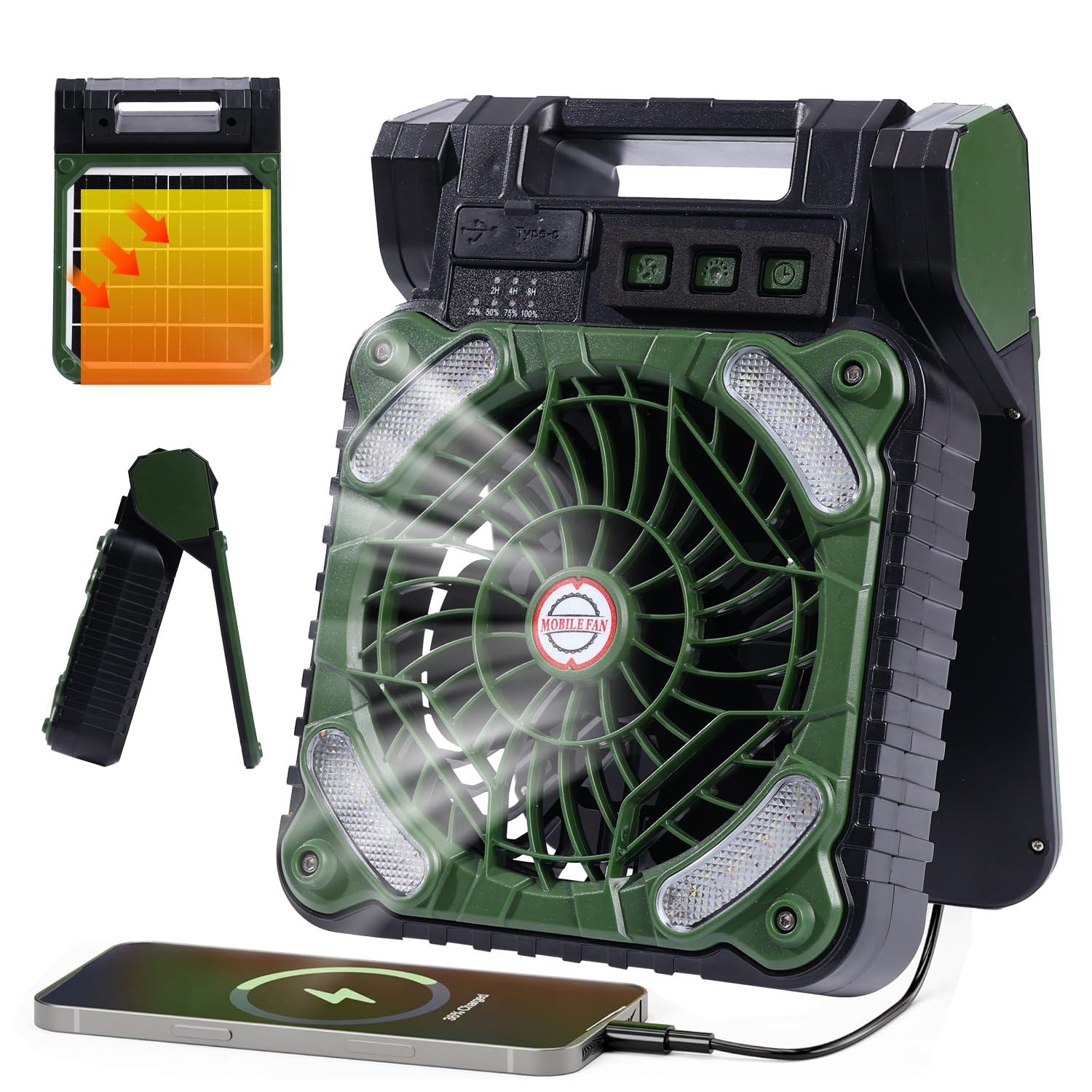 Photo 1 of Solar Camping Battery Powered Fan with Led Light,10000mAh Rechargeable solar-powered Panel Fans Portable, 36H Run Time Max, Ventilador Recargable Outdoor Desk Fan for Travel Tent Office(Green)