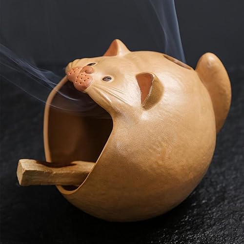 XUDREZ Cat-Shaped Ceramic Incense Holder, Smudge Stick Bowl, Palo Santo Burner, Grey and Beige, Home Decor (Yellow Cat)
