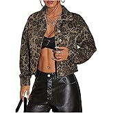 WDIRARA Women's Leopard Denim Jacket Button Down Long Sleeve Jean Outerwear Crop Jacket