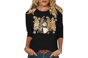 Vircreate Womens 3/4 Sleeve Crew Neck Christmas T-Shirts Merry Christmas Leopard Plaid Tree Graphic Tee Tops