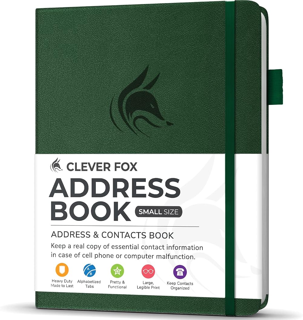 Clever Fox Address Book PU Leather with Alphabetical Tabs Forest Green 10.5x14cm