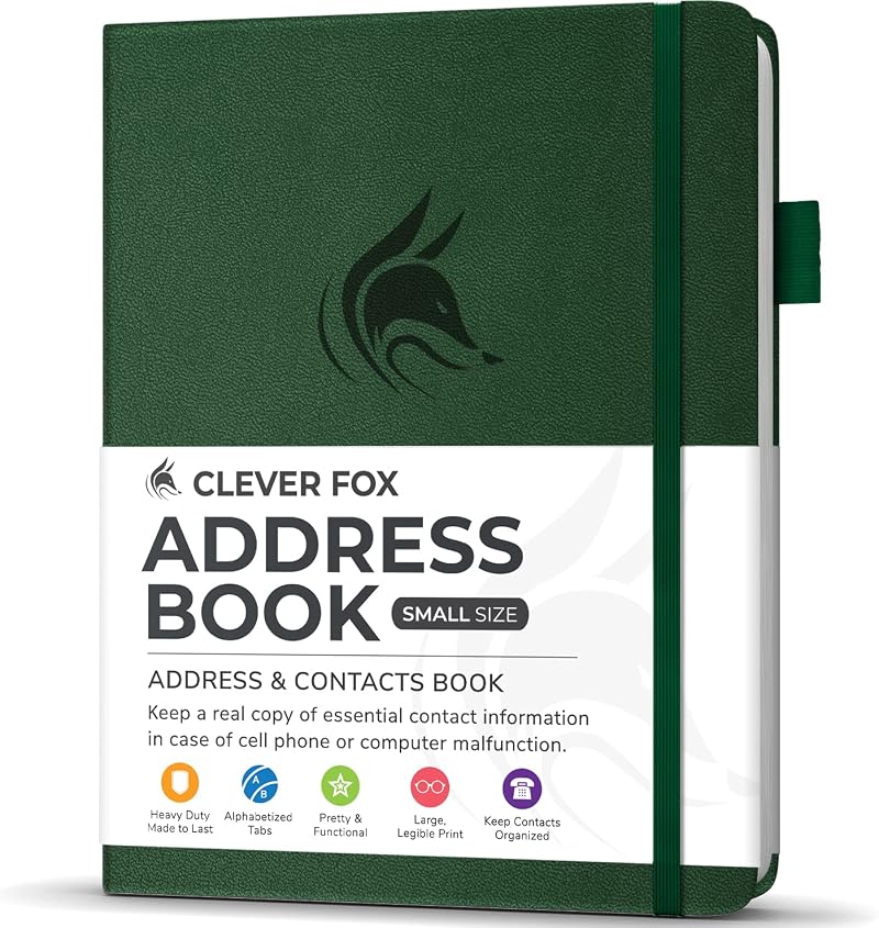 Clever Fox Address Book PU Leather with Alphabetical Tabs Forest Green 10.5x14cm