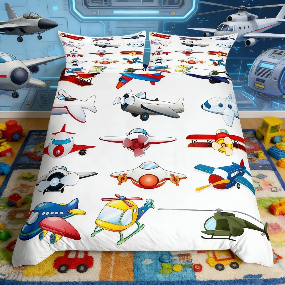 Loussiesd Aircraft Bedding Set Kids Cute Planes Duvet Cover Cartoon Airplane Comforter Cover for Children Boys Girls Helicopter Flying Single Size Microfiber & Linen Travel Bedclothes — image 1