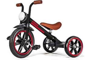 KRIDDO Kids Tricycle, 12 Inch Puncture Free Wheel w Front Light, Adjustable Seat Height, Gift for 2-5 Year Olds, Trike for Toddlers, Black