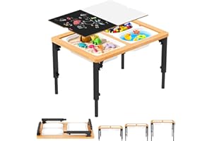 SAUCE ZHAN Foldable Sensory Table for Toddlers, Adjustable Height Kids Table, Wooden Activity Table with Metal Legs, Storage Bins & Writable Lids, Sand and Water Table Indoor/Outdoor Preschool Table (Natural)
