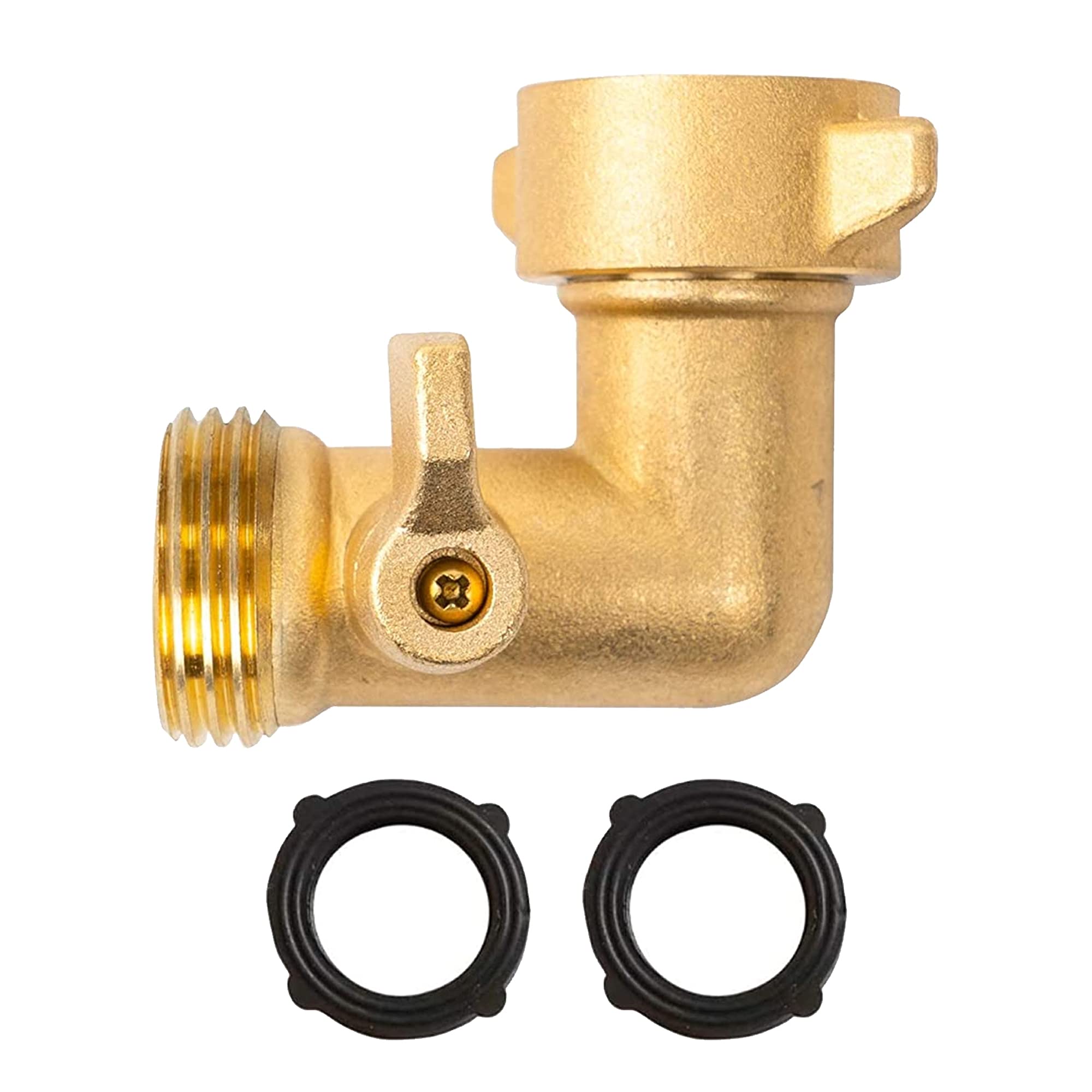 Photo 1 of Xiny Tool 90 Degree Garden Hose Adapter with Shut Off Valves, 3/4" Solid Brass Garden Hose Elbow Connector with 2 Extra Pressure Washers (1)