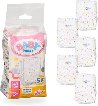 BABY born Nappies Pack of 5 for 43 cm Dolls – Reusable Toy Nappy Set