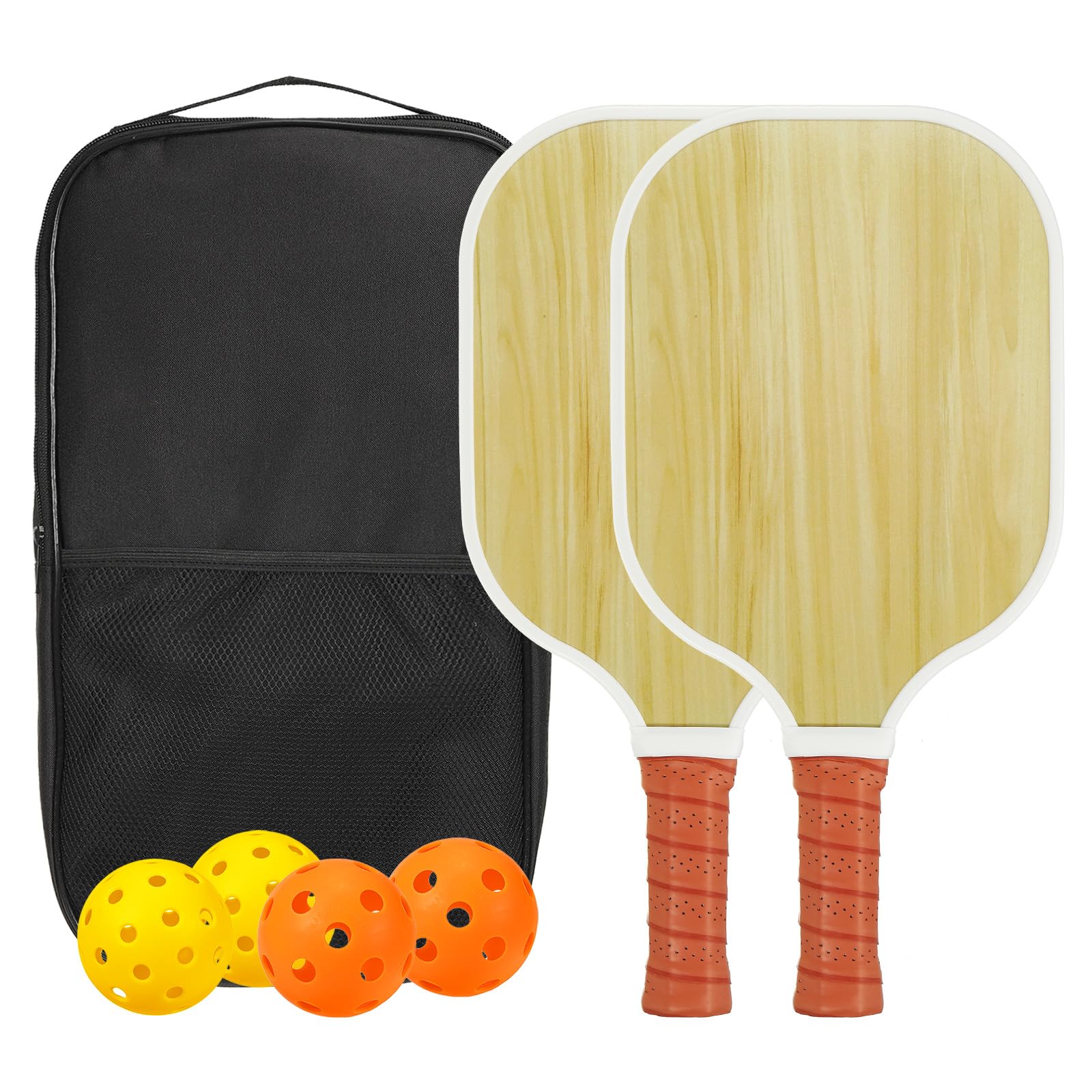 PATIKIL Pickleball Paddles Set, USAPA Approved Fiberglass Surface Pickleball Rackets with Overgrip, 2 Paddles, 4 Pickleballs,1 Carry Bag for Men Women, Wood Color