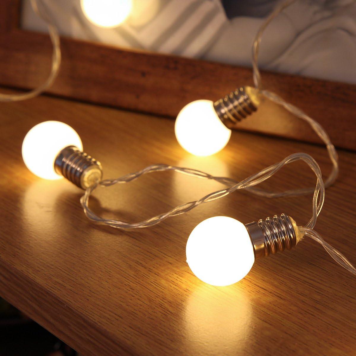 Festive Lights, 1.5m Battery Frosted Mini Festoon Fairy String Lights with 10 Warm White LED Bulbs, Indoor Use, Clear Cable - Image 4