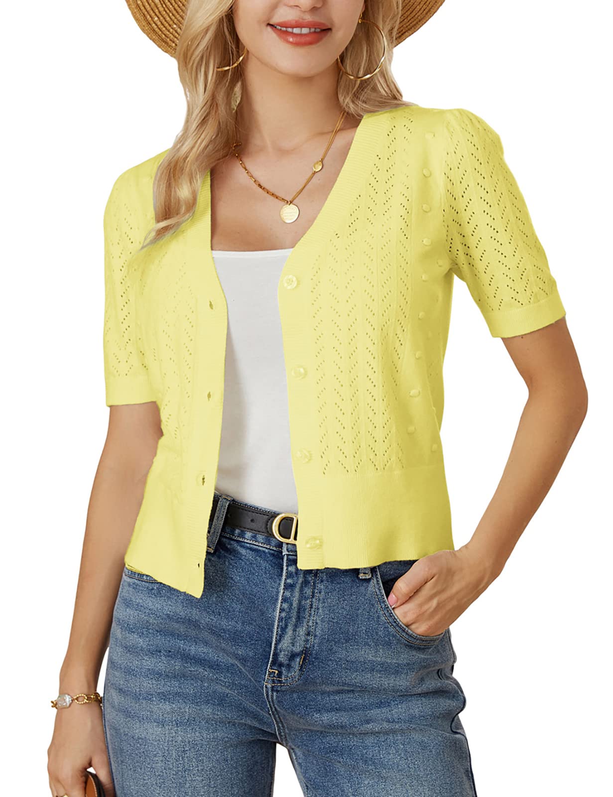Women's Belero Shrug Sweater Soft Crochet Knit Summer Tops Shirts Short Sleeve V-Neck Pullover Sweater Cardigans Light Yellow M Image
