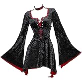 MEOWCOS Women's Medieval Dress Gothic Black Velvet Dress Vampire Style Vintage Flared Sleeve Dress with Corset Choker