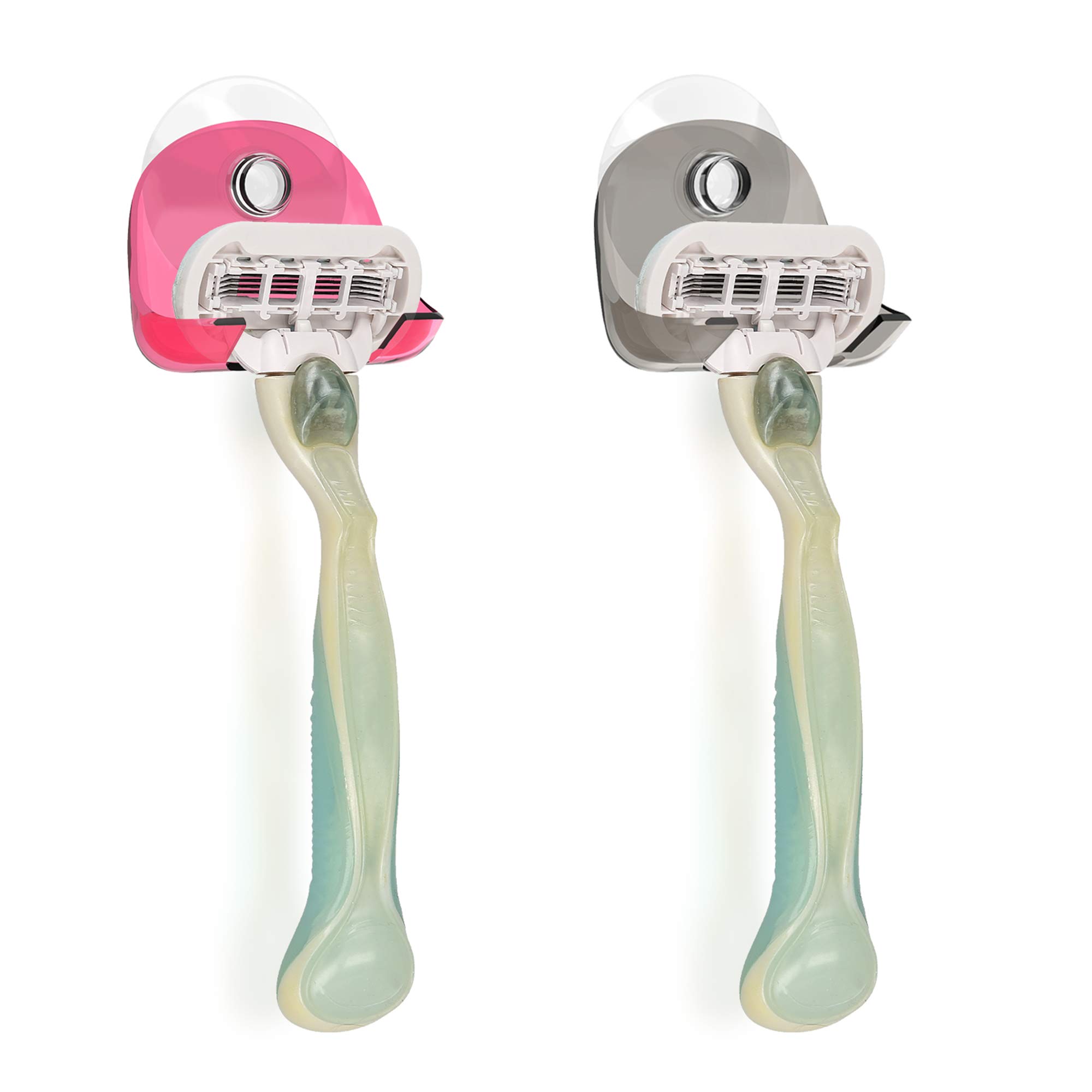 kwmobile 2X Razor Holder with Suction Cup - Self-Adhesive Shaver Wall Mount - Bathroom Organizer for Glass and Tiles - Black/Red/Transparent