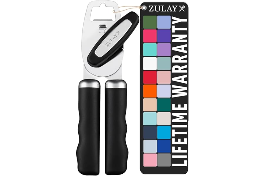 Zulay Kitchen Heavy Duty Stainless Steel Can Opener Manual with Bottle Opener - Rust Proof Manual Can Opener With Turn Knob & Comfy Soft Grip Handles - Black