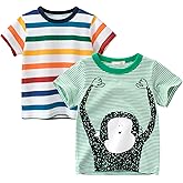 Toddler Boys Tshirts Kids Dinosaur Shirts Boy Striped Animal Car Tractor Summer Tops Clothes 2-7T 2 Pack.