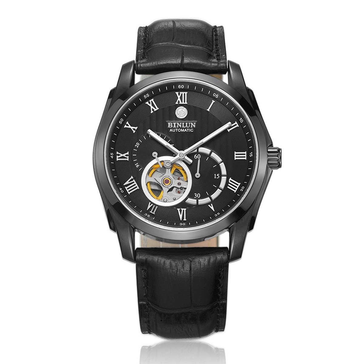 BINLUN Watches Mens Black Automatic Watches for Men with GMT 24 Hour Tourbillon Leather Strap