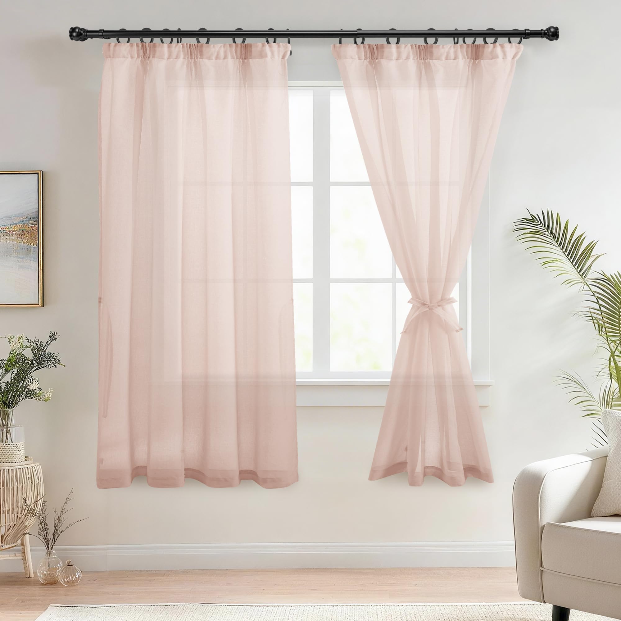 DWCN Voile Pencil Pleat Curtains with Tiebacks for Baby Room Net Curtain for Windows Linen Look 2 Panels, Pink, W46 x L72 Inch