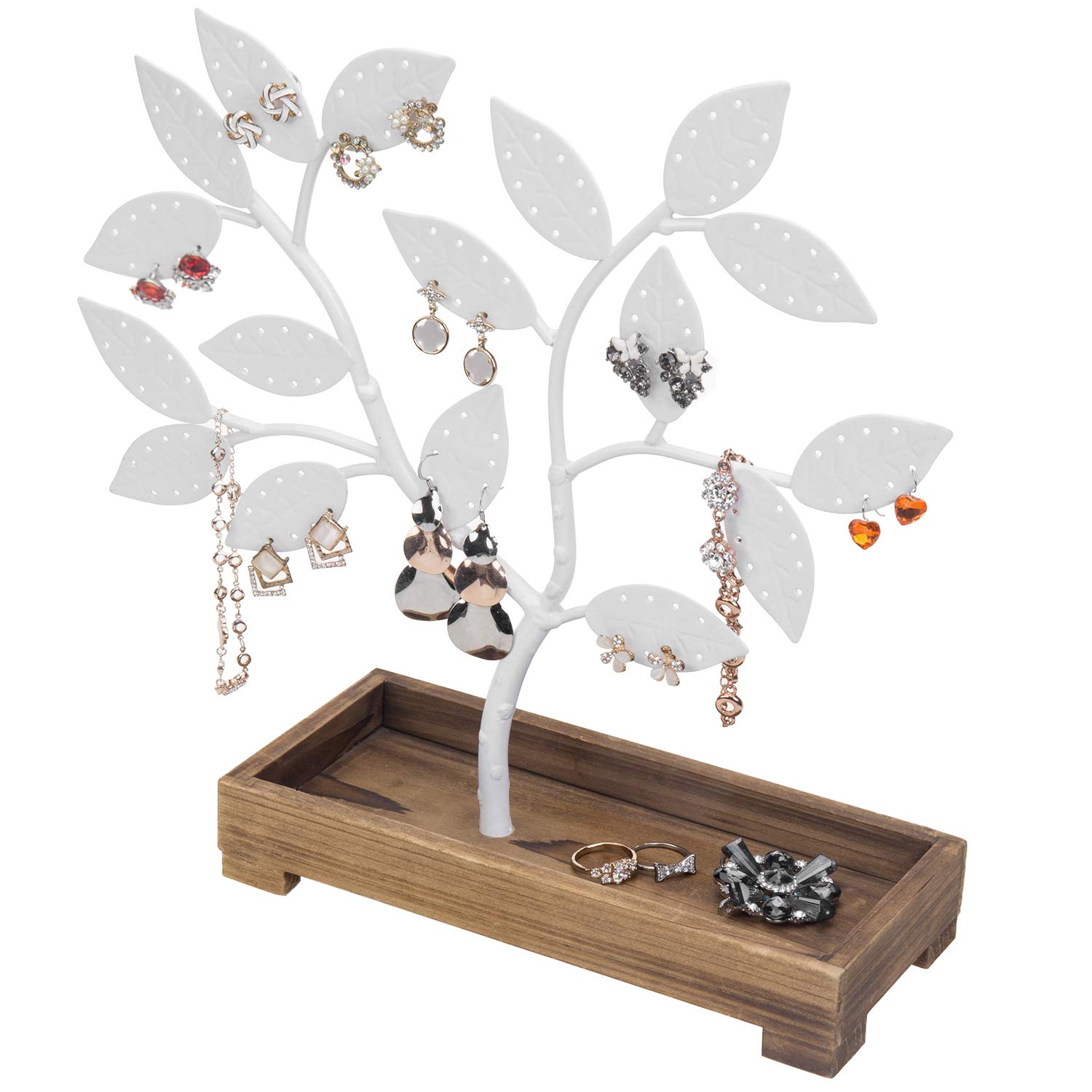 Photo 1 of MyGift Earring Storage Rack Organizer, White Metal Jewelry Tree, Necklace and Bracelet Hanger with Wooden Ring Tray Trinket Holder - Holds 68 Pairs of Earrings