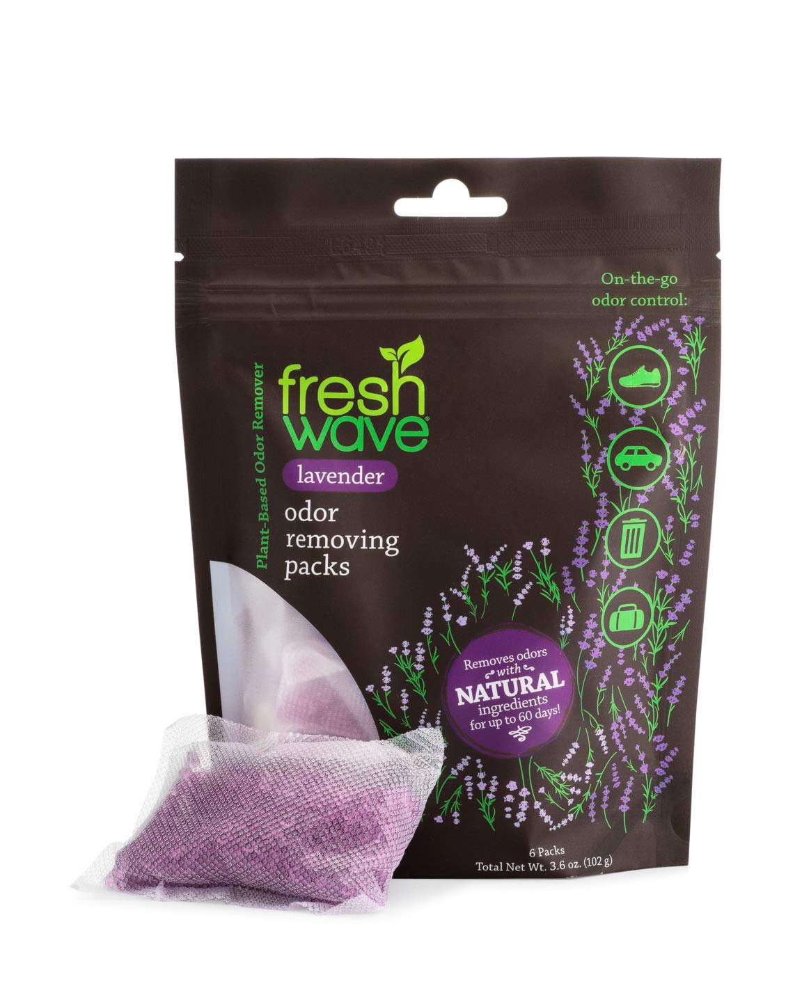 Fresh Wave Lavender Odor Eliminating & Deodorizing Packs | Bag of 6 & Fresh Pod Case | Safer Odor Relief for Small Spaces | Natural Plant-Based Odor Eliminator | Odor Absorbers for Home