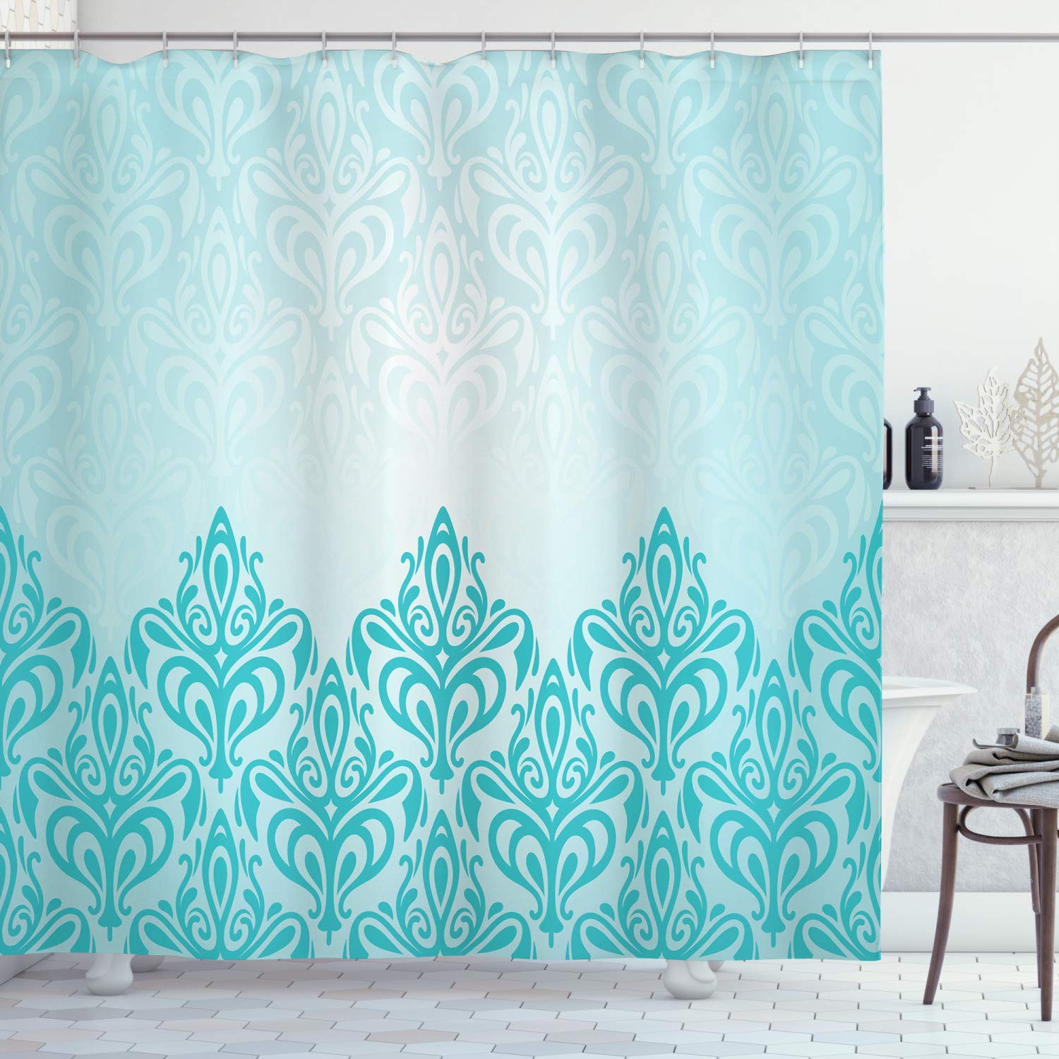 ABAKUHAUS Turquoise Shower Curtain, Retro Style Medieval European Victorian Gradient Royal Pale Patterns Artwork Print, Cloth Fabric Bathroom Decor Set with Hooks, 94 Inches, Blue