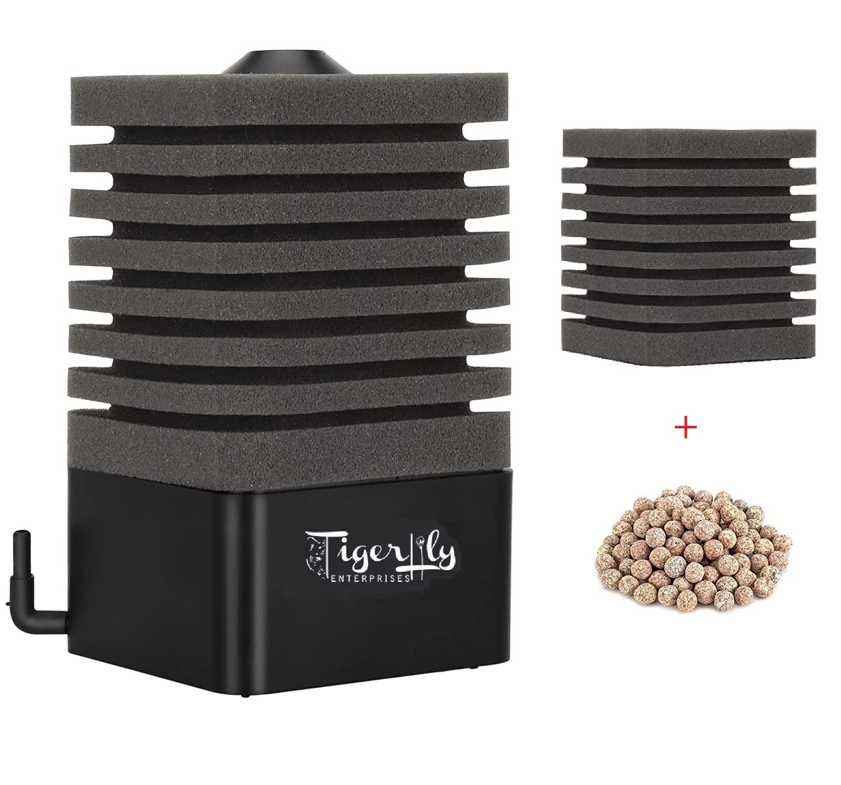 Tigerlily Enterprises Fish Tank Filter, Submersible Sponge Filters For Aquarium With 1 Spare Sponge and Bio-Media Ceramic Balls. For Freshwater and Saltwater Aquariums - MEDIUM 30-90L.