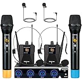 ZERFUN Pro Wireless Microphone System 4 Channel, UHF Metal Cordless Handheld Headset Lavalier Lapel Mics for Church Karaoke Singing, 4x50 Adjustable Frequency(G8 Battery 2 Handheld 2 Bodypack)