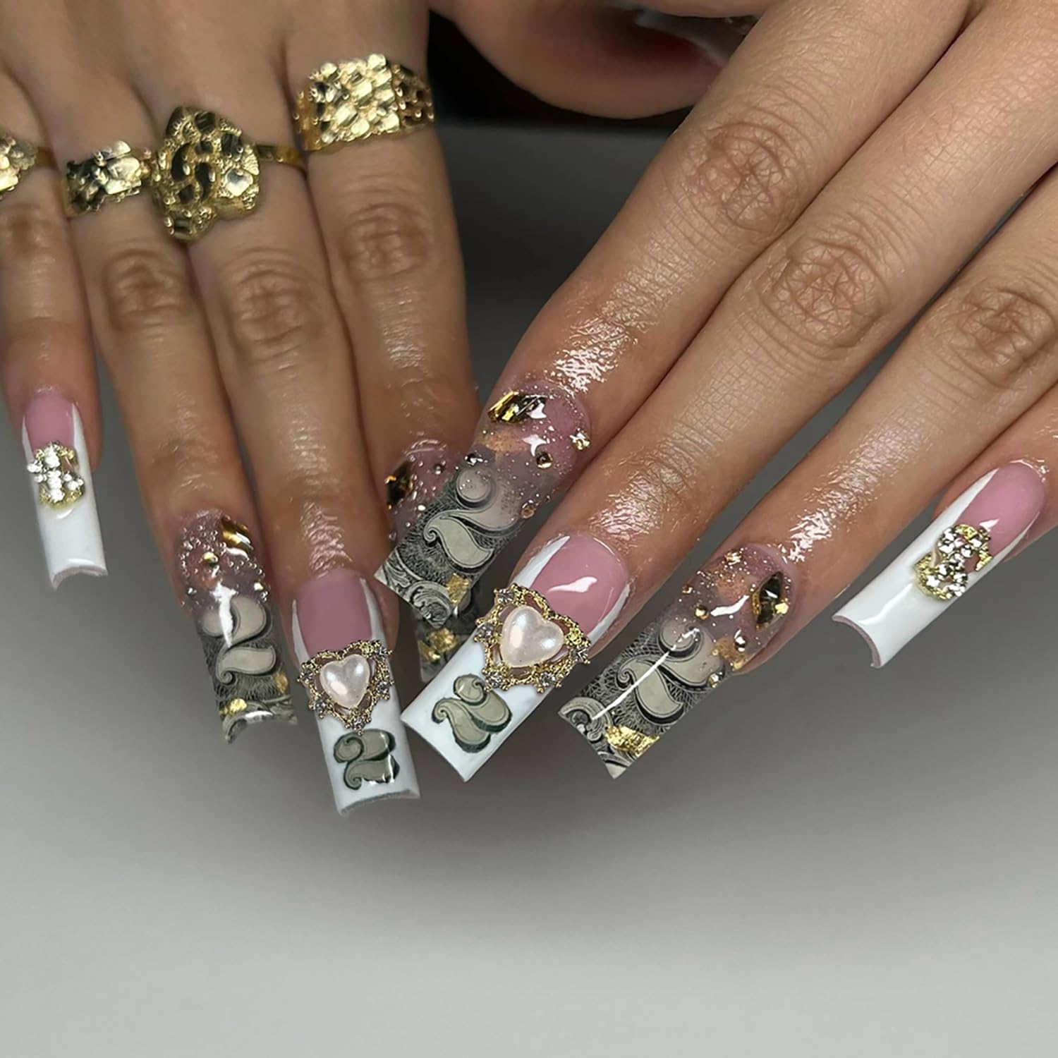 Photo 1 of White French Tip Press on Nails Long Square Fake Nails with 3D Heart Dollar Rhinestones Design Nude Pink Acrylic Nails Dollar Money Stick on Nails Artificial Nails for Women Girls 24Pcs