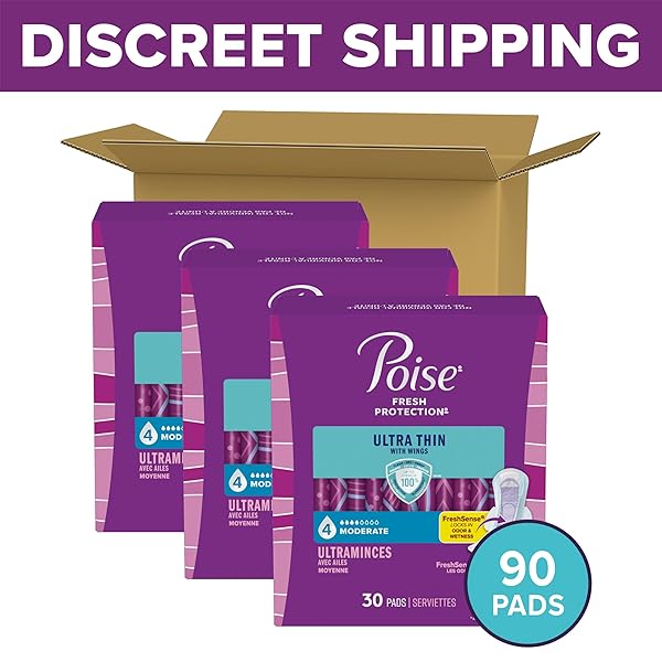POISE ULTRA THIN INCONTINENCE & POSTPARTUM PADS WITH WINGS FOR BLADDER LEAKS, 4 DROP MODERATE ABSORBENCY, REGULAR LENGTH, 90 COUNT, PACKAGING MAY VARY