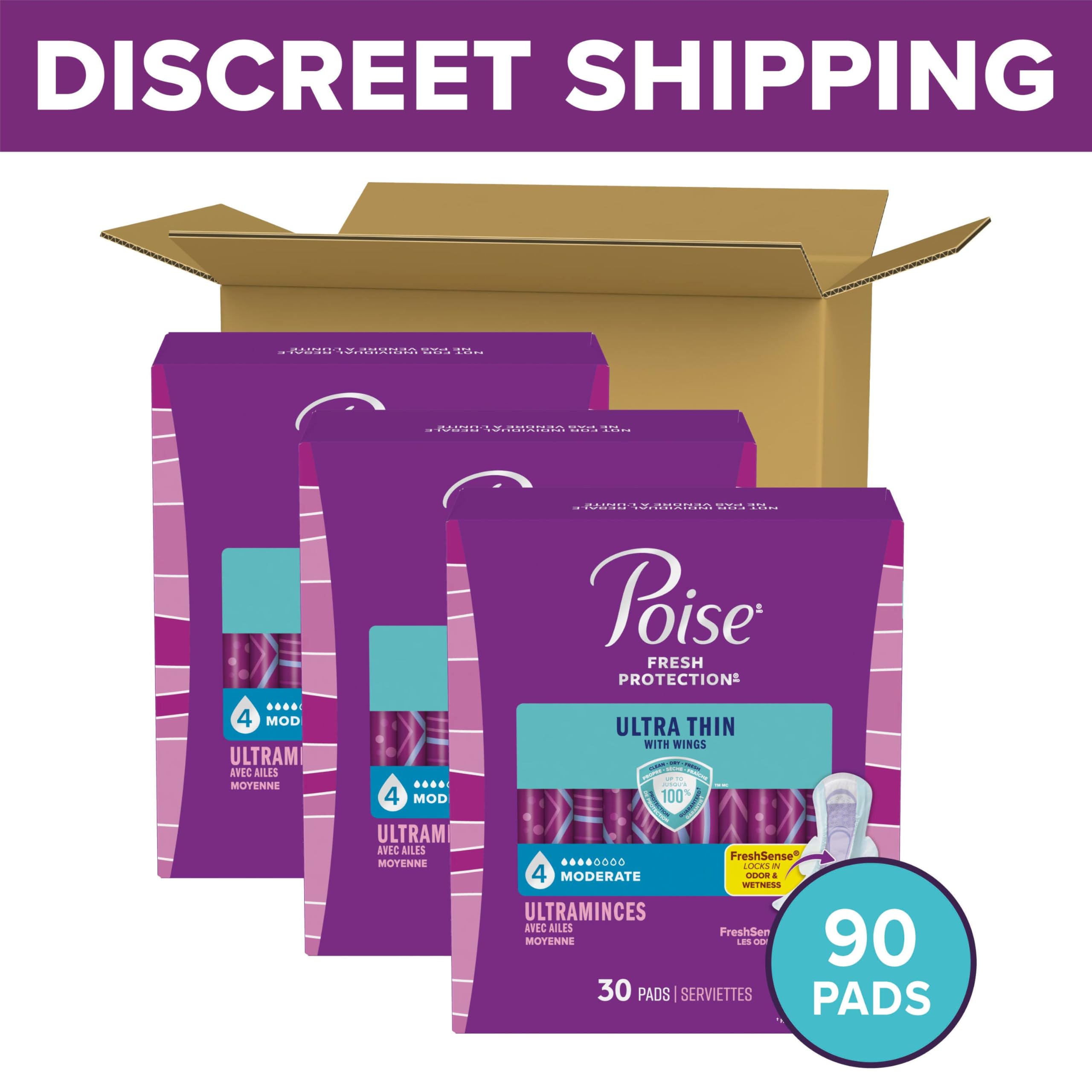 Poise Ultra Thin Incontinence & Postpartum Pads with Wings for Bladder Leaks, 4 Drop Moderate Absorbency, Regular Length, 90 Count, Packaging May Vary