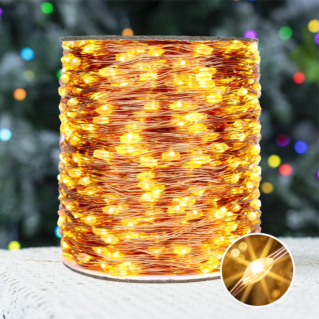 PCORES Plug in Fairy Lights 120M 1200 LED Warm White Copper Remote Control Indoor Outdoor String Lights for Bedroom Living Room Patio Porch Garden Christmas Tree