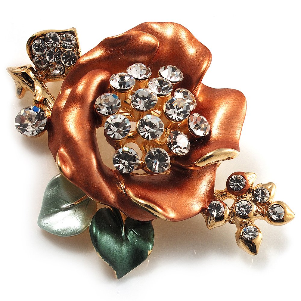 Gold Bronze Enamel Crystal Flower Brooch (Gold Tone)