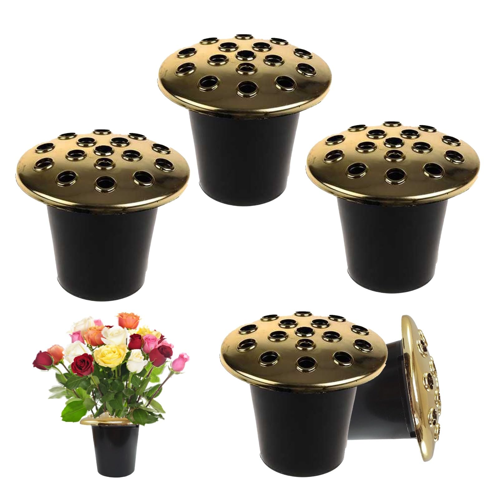 Caliko Grave Flower Holders Set of 5x, Memorial Vases for Graves in Black with Gold Lid, Strong Plastic Grave Flower Pots Insert in Grave-side, Grave Vase for Grave Decorations, Gold Pot 5x